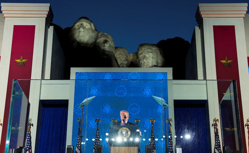 U.S. President Donald Trump delivers a speech during a celebration for the 250th anniversary of U.S. independence, at Mount Rushmore in Keystone, South Dakota, U.S., July 3, 2026. REUTERS/Kylie Cooper   REFILE - QUALITY REPEAT  TPX IMAGES OF THE DAY