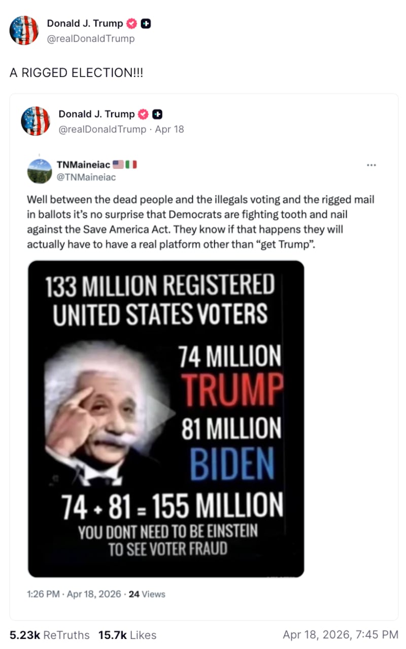 One of six posts in which President Donald Trump whined about the 2020 presidential election on April 18.