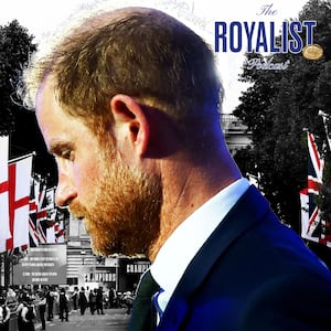 Illo illustration of Prince Harry in front of Buckingham Palace