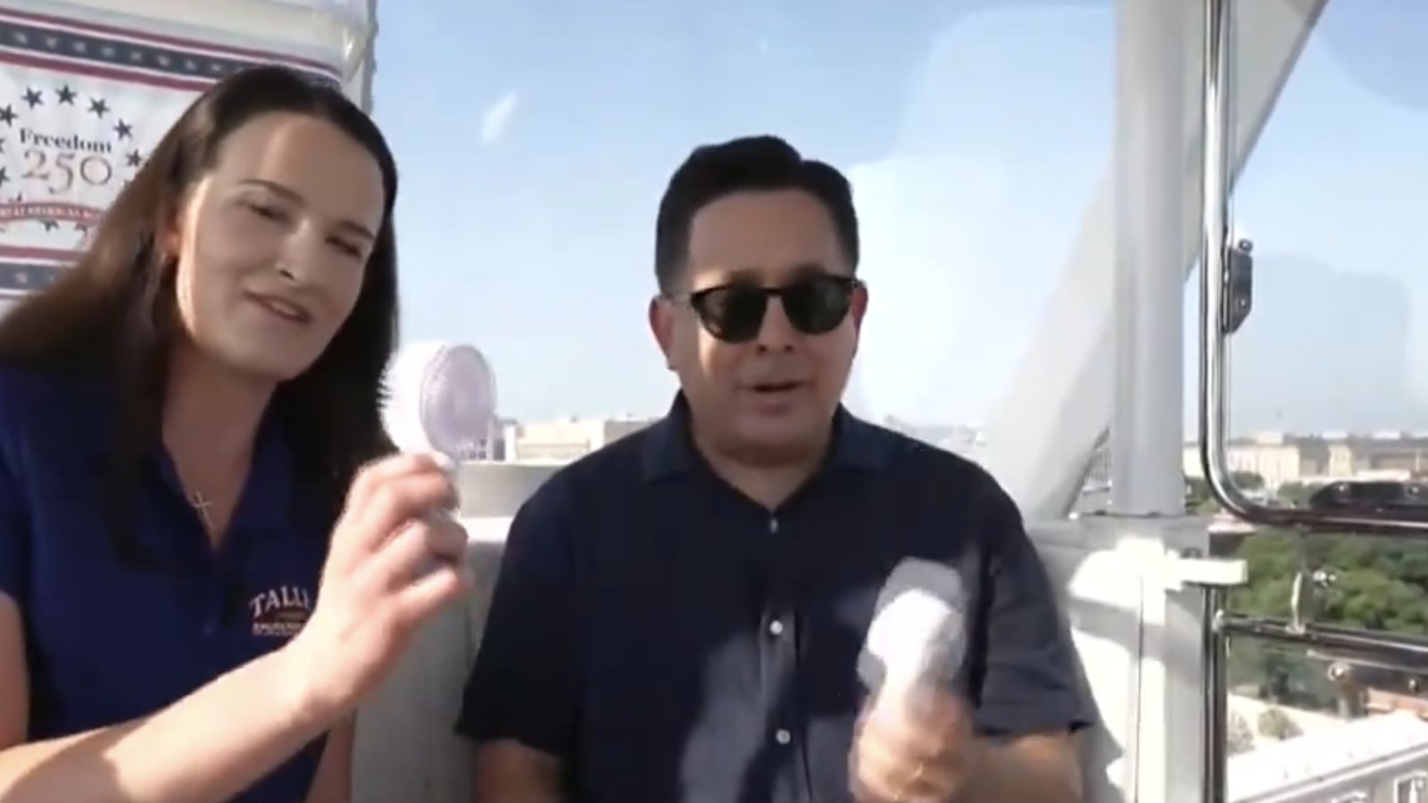 CBS Mornings give out hand-held fans to correspondent Ed O'Keefe and guest Taylor Talley who are riding the State Fair's ferris wheel in 100 degree heat.