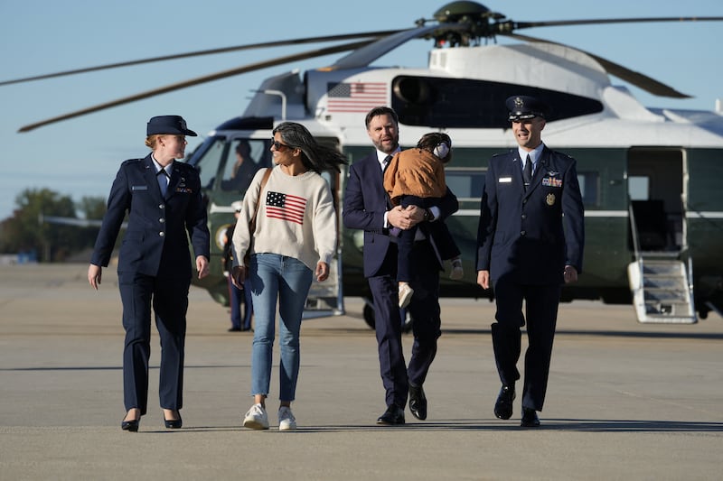 U.S. Vice President JD Vance and Second Lady Usha Vance walk to board Air Force Two at Joint Base Andrews, Maryland, U.S., October 17, 2025.