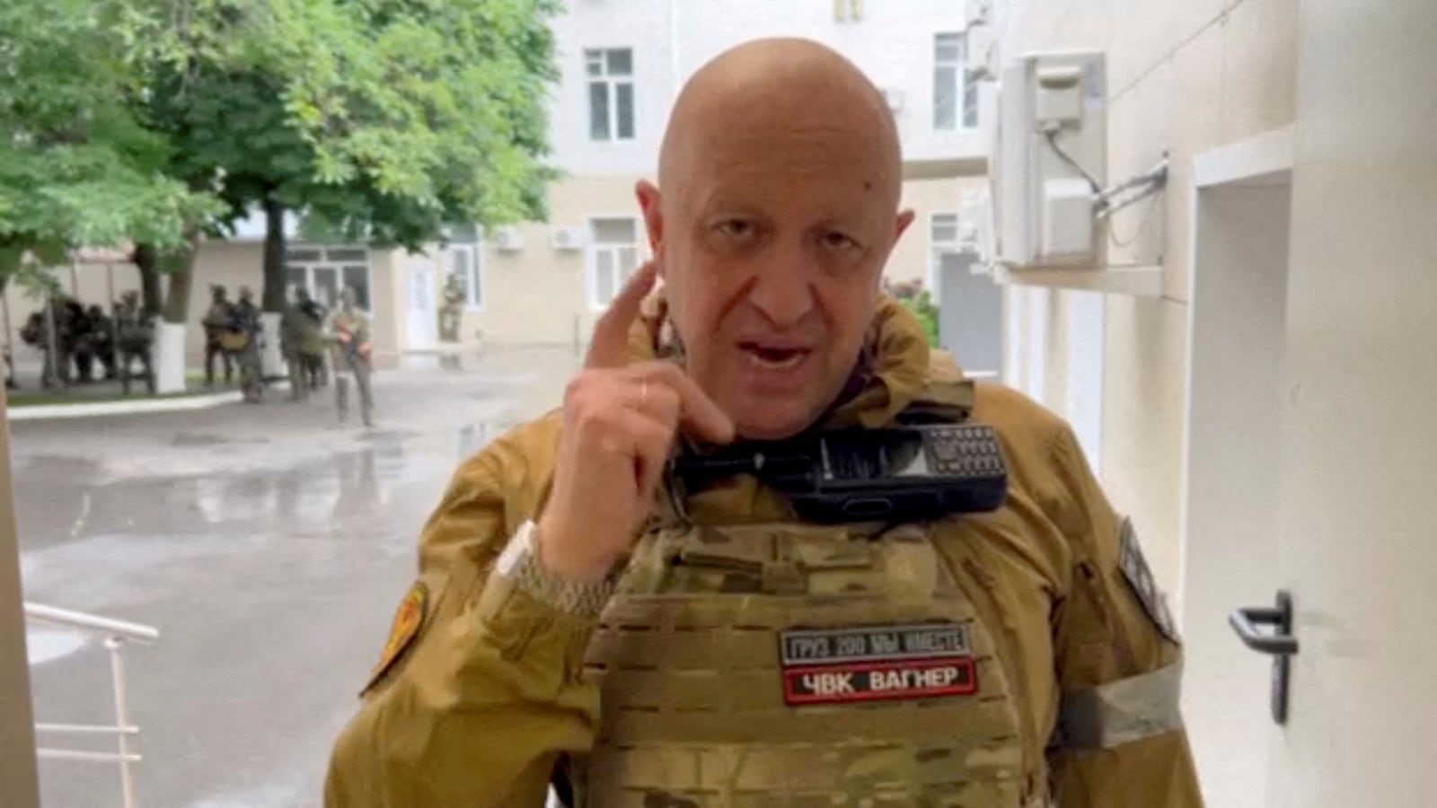 Wagner chief Yevgeniy Prigozhin speaks in uniform.