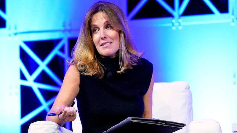 Sharyn Alfonsi, Correspondent, 60 Minutes reacts in conversation with José Andrés, Chef, Humanitarian & Founder, World Central Kitchen during 2022 Texas Conference For Women at Austin Convention Center on November 09, 2022 in Austin, Texas.