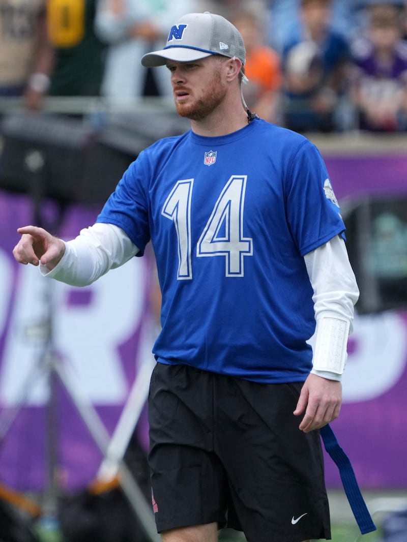 Feb 1, 2025; Orlando, FL, USA; Minnesota Vikings quarterback Sam Darnold (14) during NFC Practice for the Pro Bowl Games at Camping World Stadium. Mandatory Credit: Kirby Lee-Imagn Images