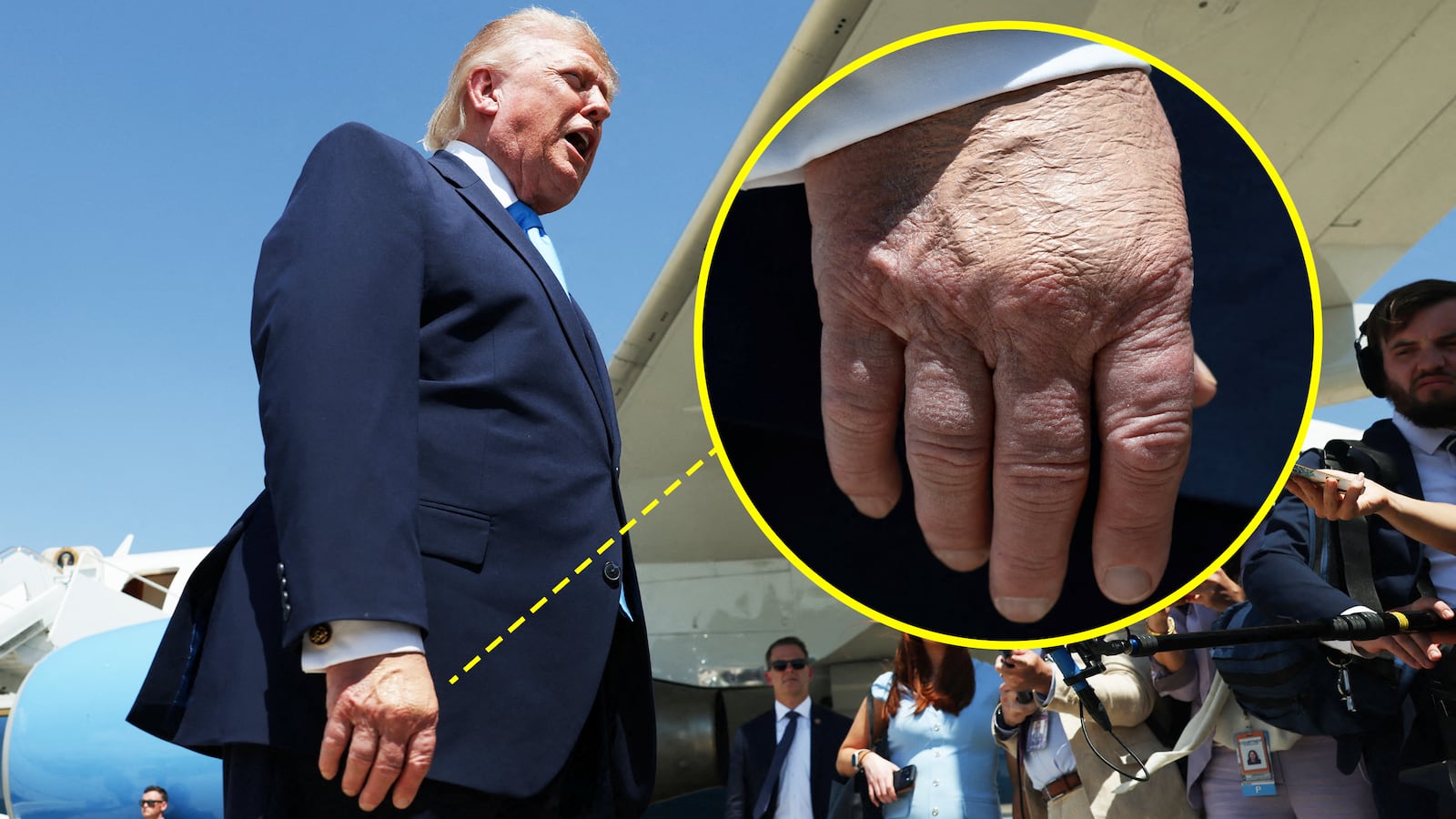 A photo illo of Donald Trump's hand as he speaks to reporters after departing Air Force One on May 20, 2026 at Joint Base Andrews, Maryland.