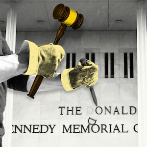 Illo illustration of a construction worker with a marble chisel and hammer, with the hammer replaced by a judge's gavel, chiseling away Donald Trump's name from the Kennedy Center