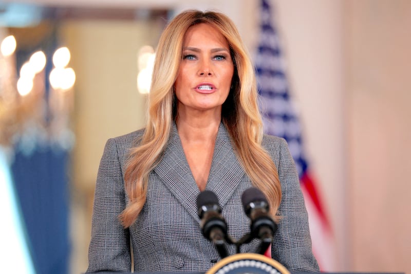 U.S. first lady Melania Trump delivers remarks regarding the late financier and convicted sex offender Jeffrey Epstein s from the Grand Foyer of the White House in Washington, D.C., U.S., April 9, 2026.