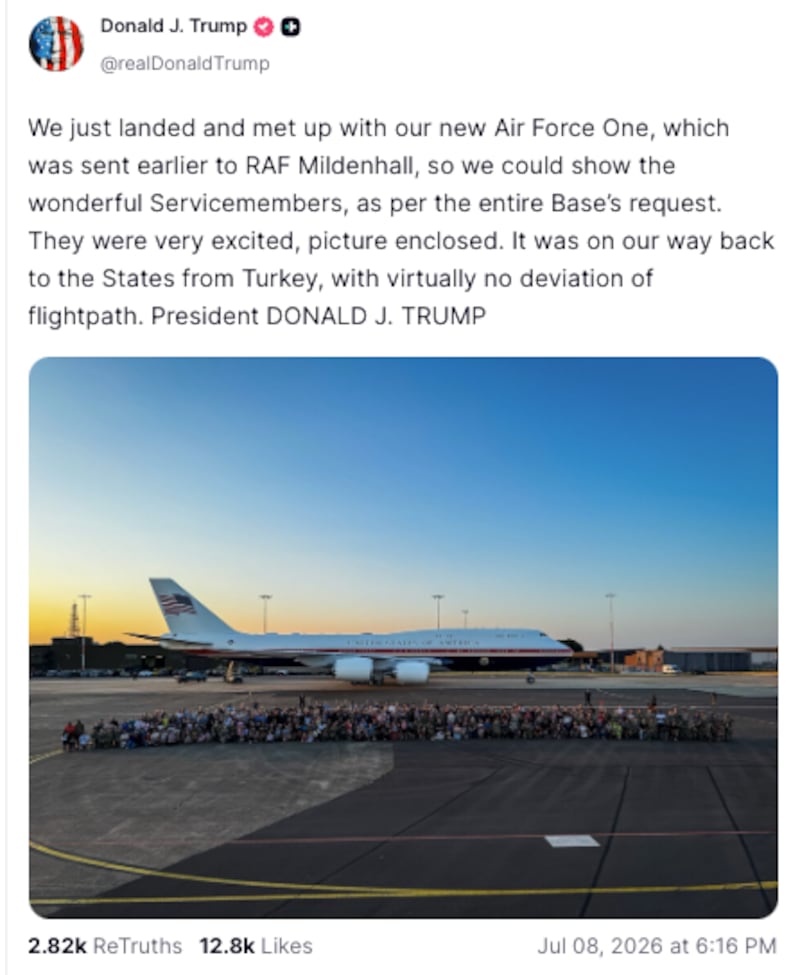 U.S. troops in England pose in front of the newer Air Force One, which Trump did not take out of Turkey.