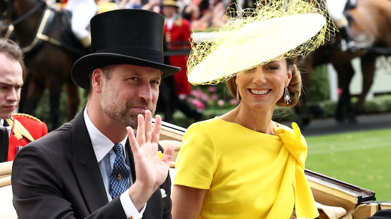 William, Prince of Wales and Catherine, Princess of Wales arrive by horse and carriage during the royal procession ahead of the day's races at Royal Ascot on June 17, 2026.
