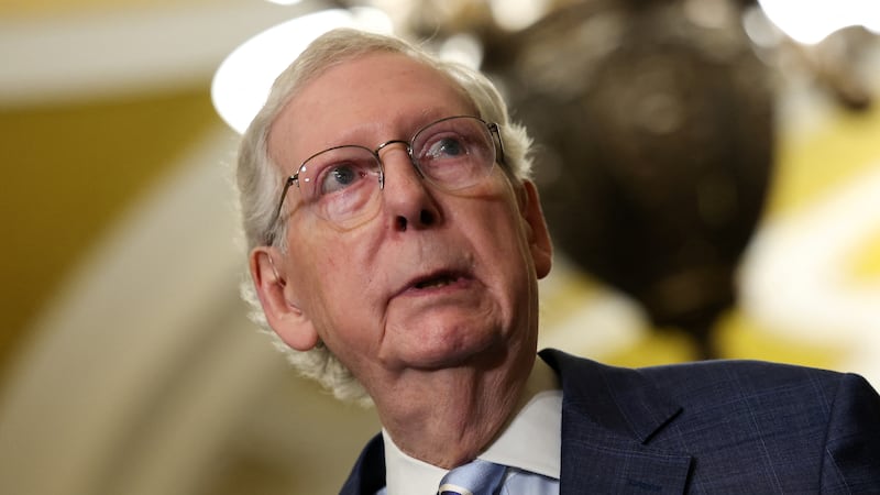 Then-Senate Minority Leader Mitch McConnell speaks during a press conference following the weekly Senate caucus luncheons on Capitol Hill in Washington, D.C. on April 9, 2024.