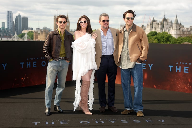 Tom Holland, Anne Hathaway, Matt Damon, and Robert Pattinson at "The Odyssey" Photocall at the IET Building: Savoy Place on July 05, 2026, in London, England.