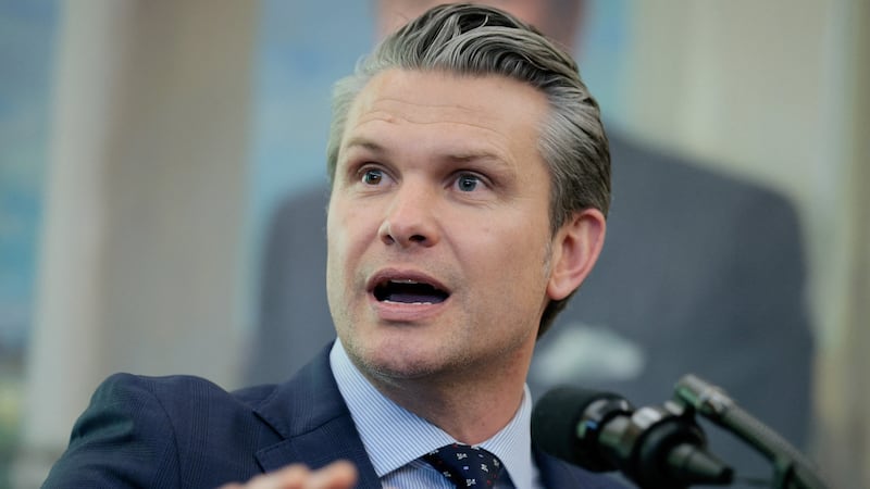 U.S. Defense Secretary Pete Hegseth speaks, following Markwayne Mullin's swearing-in as Department of Homeland Security (DHS) Secretary, at the White House in Washington, D.C., U.S., March 24, 2026.