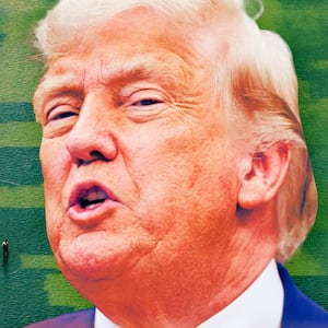 A photo illo illustration of Donald Trump and the D.C. reflecting pool.