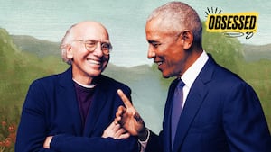A photo illo illustration of Larry David and Barack Obama for the Obsessed podcast.