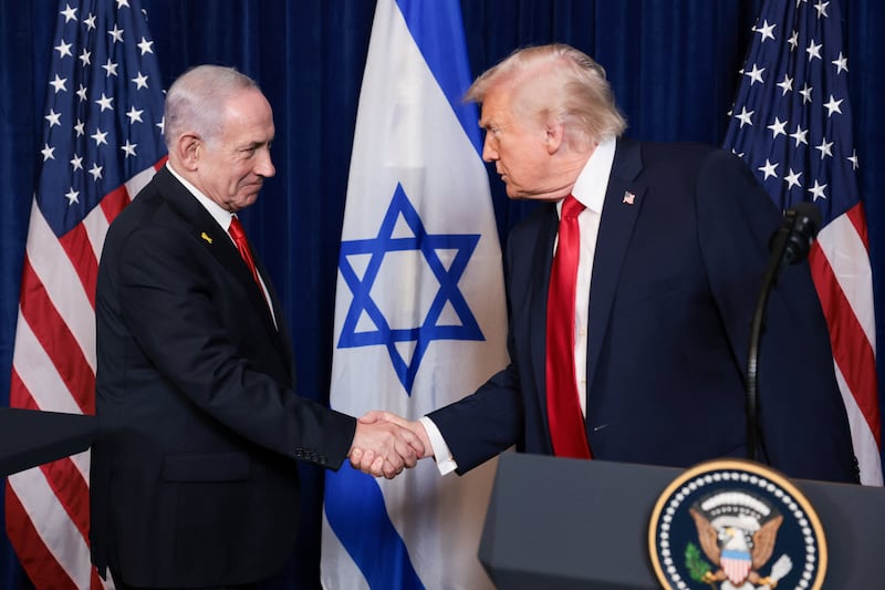 U.S. President Donald Trump and Israeli Prime Minister Benjamin Netanyahu hold a press conference after meeting at Trump’s Mar-a-Lago club in Palm Beach, Florida, U.S., December 29, 2025.