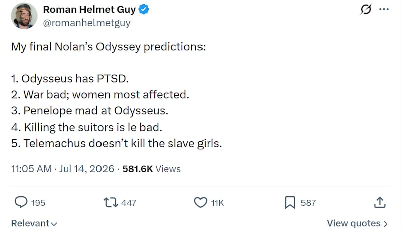 X Screengrab, Roman Helmet Guy giving his predictions for the Odyssey
