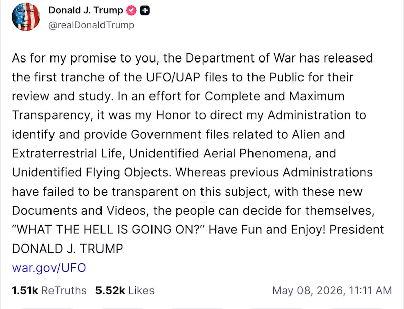 Trump touts release of files related to UFOs.