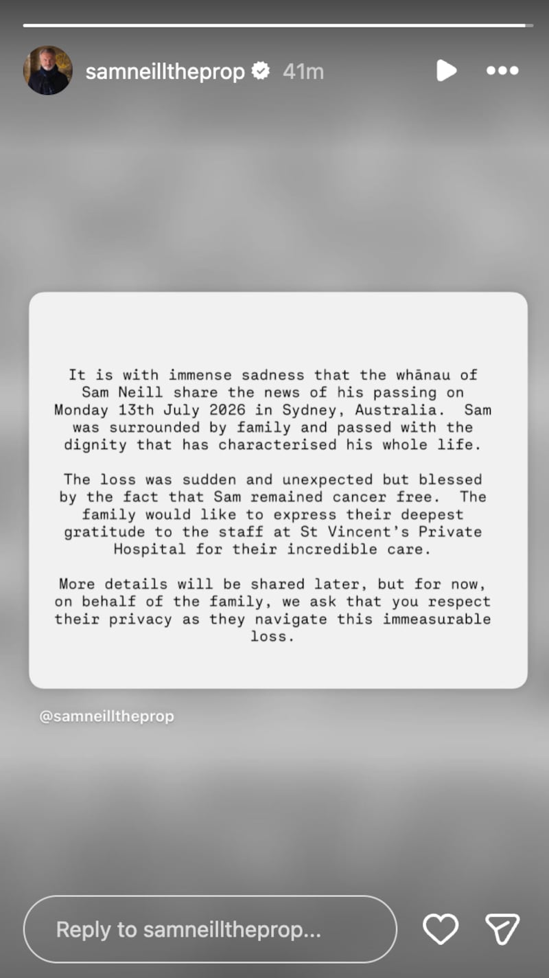 Sam Neill statement announcing the actor's death.