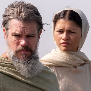L to R: Matt Damon is Odysseus and Zendaya is Athena in THE ODYSSEY, written, produced, and directed by Christopher Nolan.