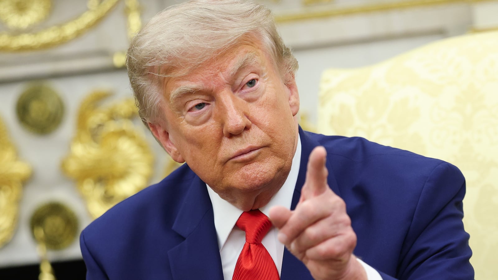 President Donald Trump takes questions from the media during a bilateral meeting with President of Lebanon Joseph Aoun in the Oval Office of the White House on July 21, 2026 in Washington, DC.
