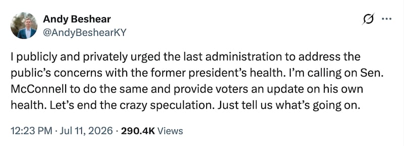 Kentucky Gov. Andy Beshear calls for answers on McConnell's health.
