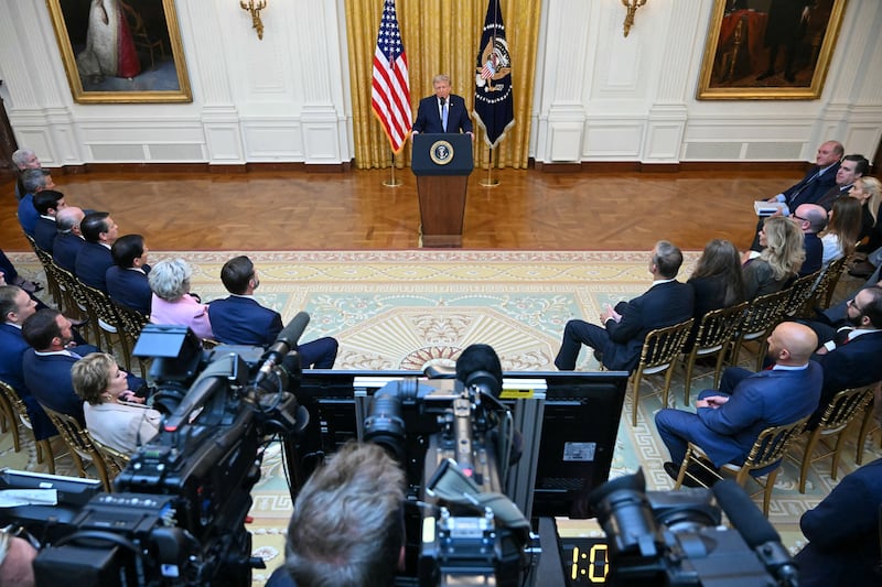 U.S. President Donald Trump speaks about election security during an address to the nation from the East Room of the White House in Washington, D.C., U.S., July 16, 2026.     SAUL LOEB/Pool via REUTERS