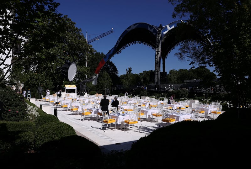 The setup for the upcoming UFC fight looms over the Rose Garden as it is being set up for this evening’s Rose Garden Club Dinner at the White House in Washington, D.C., U.S., June 3, 2026. REUTERS/Kevin Lamarque