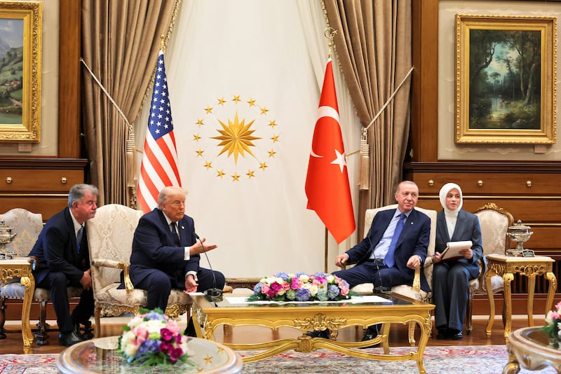U.S. President Donald Trump and Turkish President Tayyip Erdogan hold a bilateral meeting, ahead of their participation in a NATO summit, at the Bestepe Presidential Compound in Ankara, Turkey, July 7, 2026. REUTERS/Jonathan Ernst