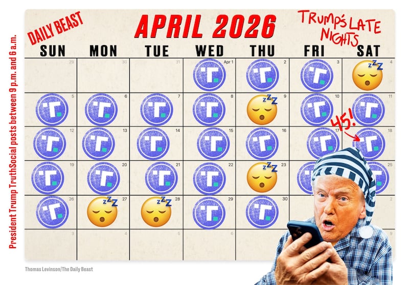 A still image of a calendar showing Trump in a Victorian style sleeping outfit, holding a phone