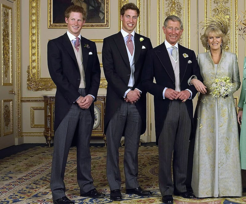 WINDSOR, ENGLAND - APRIL 9:  (EMBARGOED TILL 0001 BST MONDAY 11 APRIL 2005) TRH Prince Charles and The Duchess Of Cornwall, Camilla Parker Bowles pose with their children (L-R) Prince Harry, Prince William, Laura and Tom Parker Bowles, in the white drawing room for the Official Wedding group photo following their earlier marriage at The Guildhall, at Wi