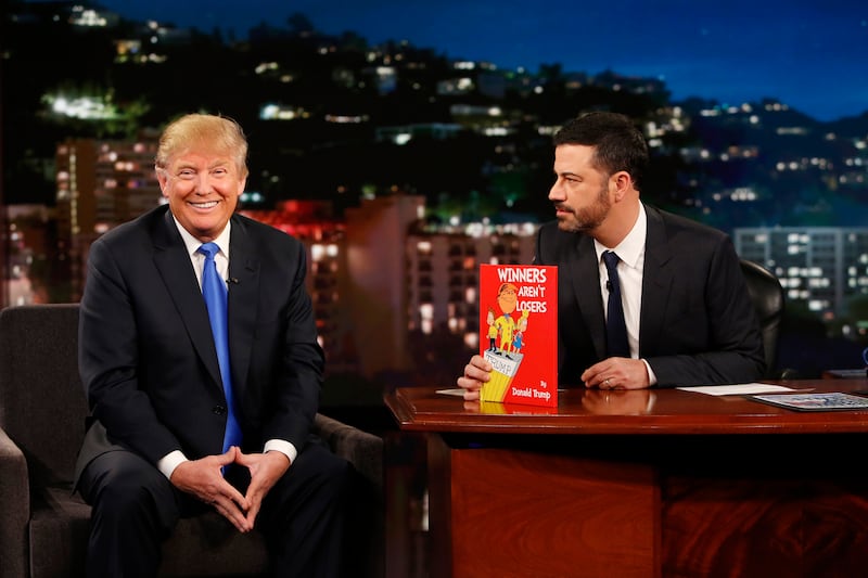 JIMMY KIMMEL LIVE - Emmy Award-nominated "Jimmy Kimmel Live" airs every weeknight (11:35 p.m. - 12:41 a.m., ET),  packed with hilarious comedy bits and features a diverse lineup of guests including celebrities, athletes, musicians, comedians and humorous human interest subjects. The guests for Wednesday, December 16 included Republican Presidential candidate Donald Trump and musical guest Gary Clark Jr. (Photo by Randy Holmes/Disney General Entertainment Content via Getty Images)
DONALD TRUMP, JIMMY KIMMEL