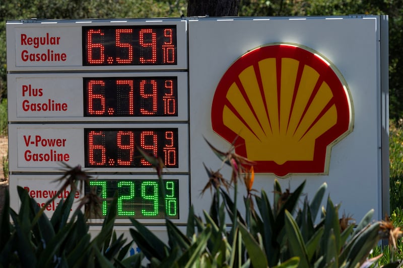 The current price of gasoline is shown at a gas station in Encinitas, California, U.S., May 11, 2026.
