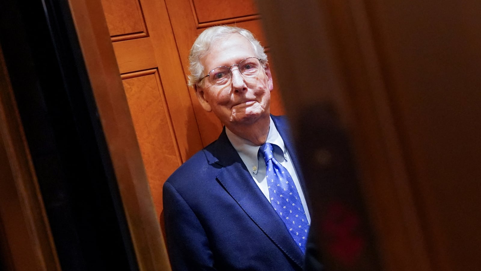 U.S. Senator Mitch McConnell (R-KY) stands in an elevator at the U.S. Capitol on the third day of a partial government shutdown, on Capitol Hill in Washington, D.C., U.S., October 3, 2025. REUTERS/Nathan Howard