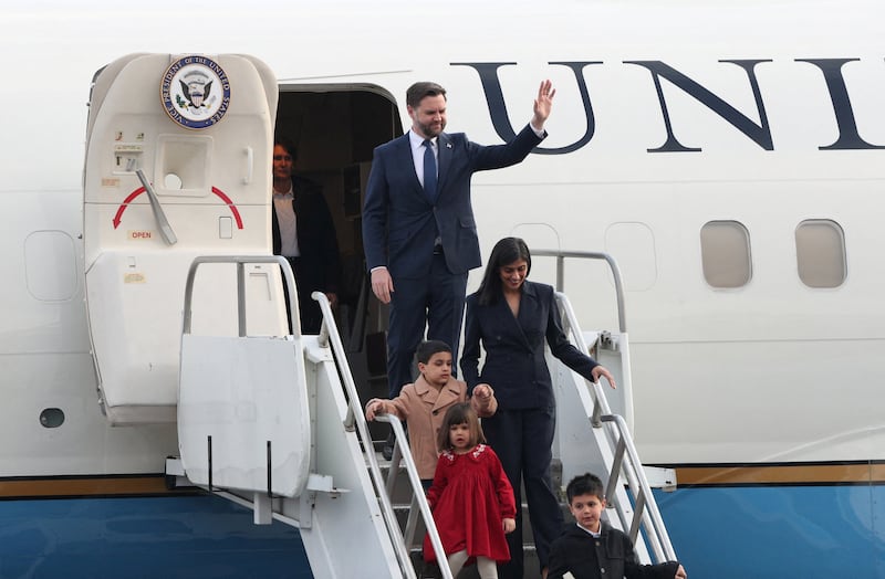 U.S. Vice President JD Vance, second lady Usha Vance, along with their children Mirabel, Ewan and Vivek, disembark Air Force Two as they arrive, in Yerevan, Armenia, February 9, 2026.