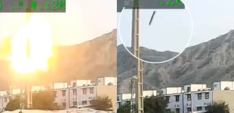 A missile that matches the Precision Strike Missile (PrSM) detonates above a residential area in Lamerd, Iran.