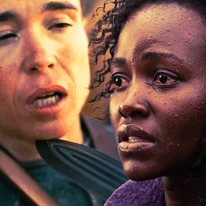 A photo illustration illo of Elliot Page, Matt Damon, and Lupita Nyong'o in The Odyssey.