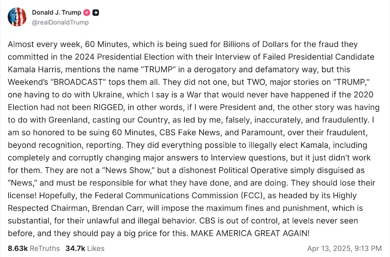 One of Trump's many screeds against '60 Minutes' on Truth Social.