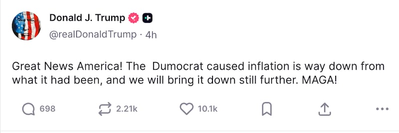 Donald Trump's Truth Social post about inflation.