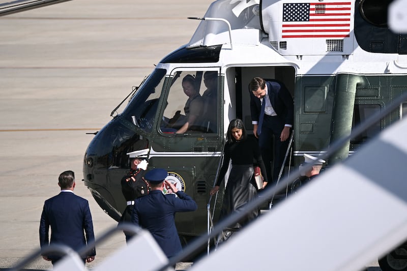 Vice President JD Vance and Second Lady Usha Vance disembark Marine Two as they arrive at Joint Base Andrews, Maryland, U.S. September 3, 2025.