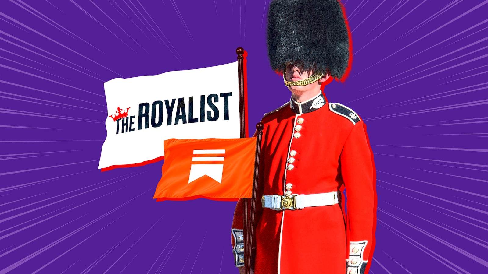 The Royalist logo on a flag next to the Substack logo next to a British royal guard.