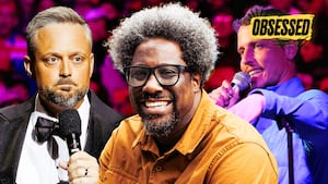 A photo illo illustration of W. Kamau Bell, Nate Bargatze and Tony Hinchcliffe for the Obsessed podcast.