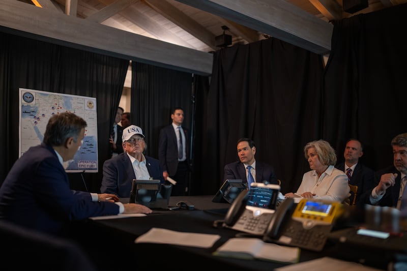 President Donald Trump (C) oversees "Operation Epic Fury" with (L-R) Central Intelligence Agency Director John Ratcliffe, U.S. Secretary of State Marco Rubio and White House Chief of Staff Susie Wiles at Mar-a-Lago on February 28, 2026 in Palm Beach, Florida.