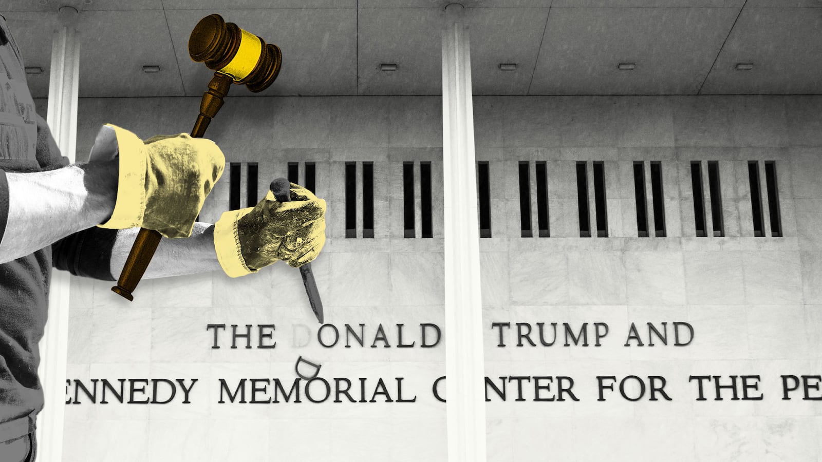 Illo illustration of a construction worker with a marble chisel and hammer, with the hammer replaced by a judge's gavel, chiseling away Donald Trump's name from the Kennedy Center