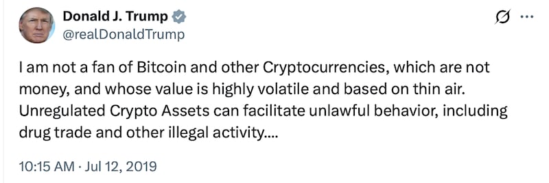 Donald Trump posts about crypto in 2019.