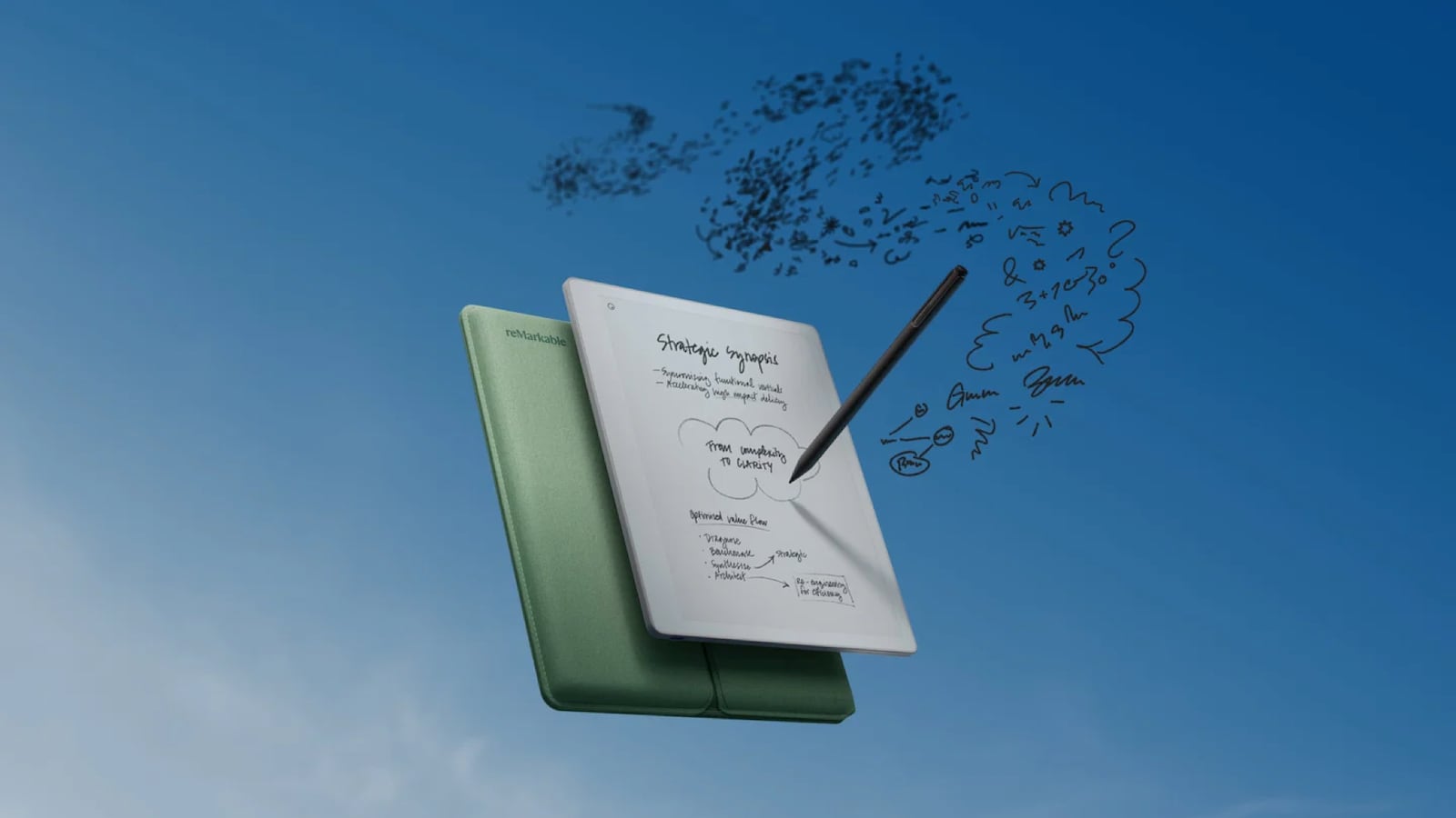 The new reMarkable Paper Pure E-Tablet against a blue sky with clouds. There are notes on the tablet and notes above the tablet in the sky.
