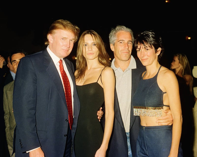 Donald Trump, Melania Trump, Jeffrey Epstein, and Ghislaine Maxwell pose together at the Mar-a-Lago club, Palm Beach, Florida, February 12, 2000.
