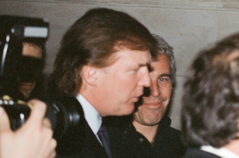 Businessman Donald Trump and financier Jeffrey Epstein attend a Victoria's Secret Angels event sponsored by Rogers & Cowan at the club  Duvet on 21st Street in New York City, New York on April 9, 1997.  (Photo by Thomas Concordia/Getty Images)