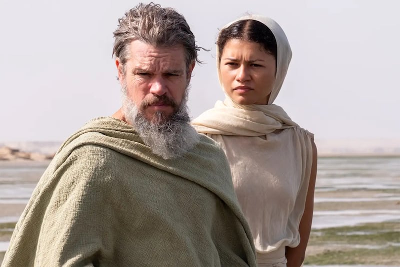Matt Damon as Odysseus and Zendaya as Athena.