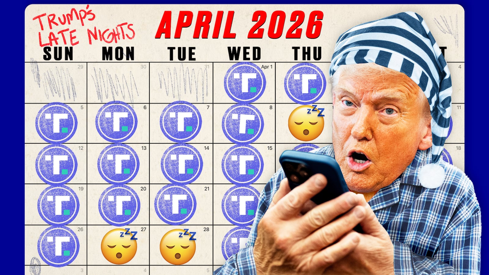 A photo illustration illo of Donald Trump in pajamas texting on his phone and a calendar of April 2026 and the days of the week of TruthSocial posts that were sent between 9pm and 6am for those days.