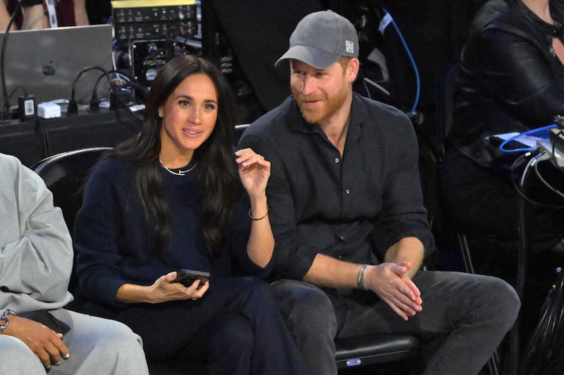 Feb 15, 2026; Inglewood, California, USA; Meghan Markle and Prince Harry look on in game two during the 75th NBA All Star Game at Intuit Dome. Mandatory Credit: Jayne Kamin-Oncea-Imagn Images